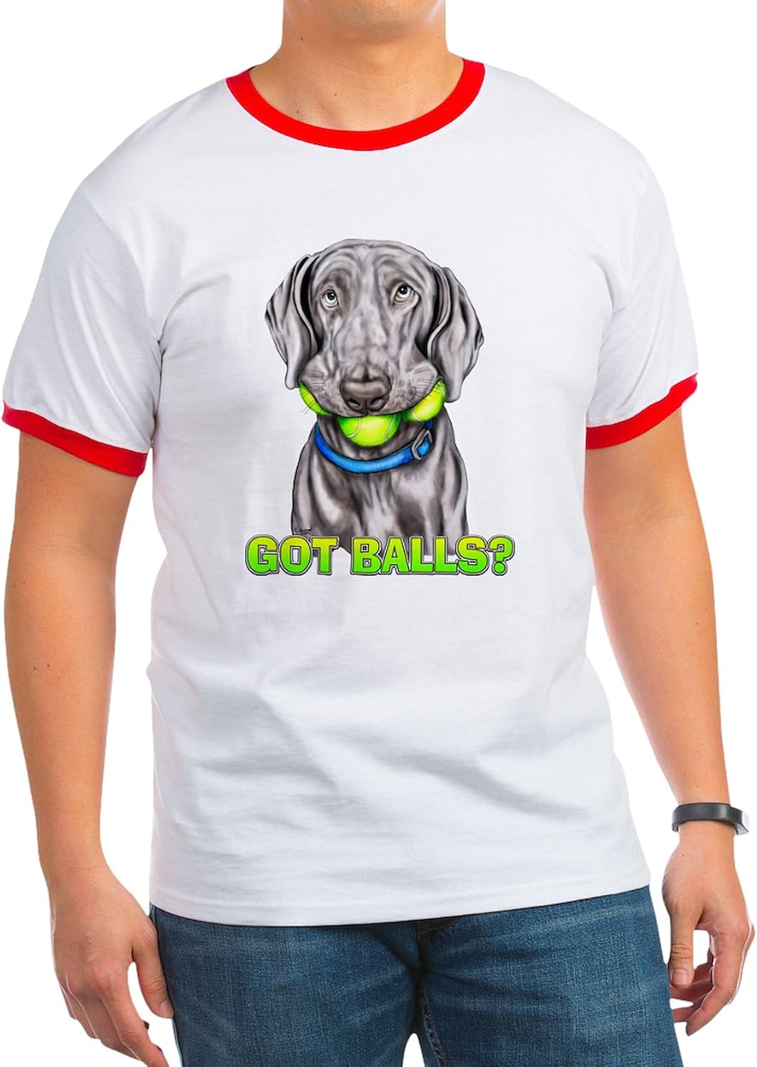 CafePress Weimaraner Got Balls Ringer T Men's Ringer Vintage Graphic T-Shirt - Red\/White
