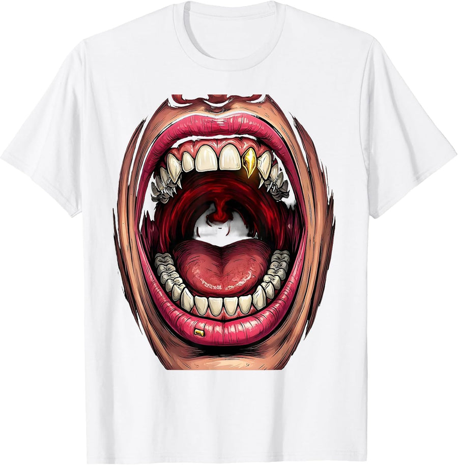 Punk Rock Screaming Mouth Gold Tooth Graphic T-Shirt - White