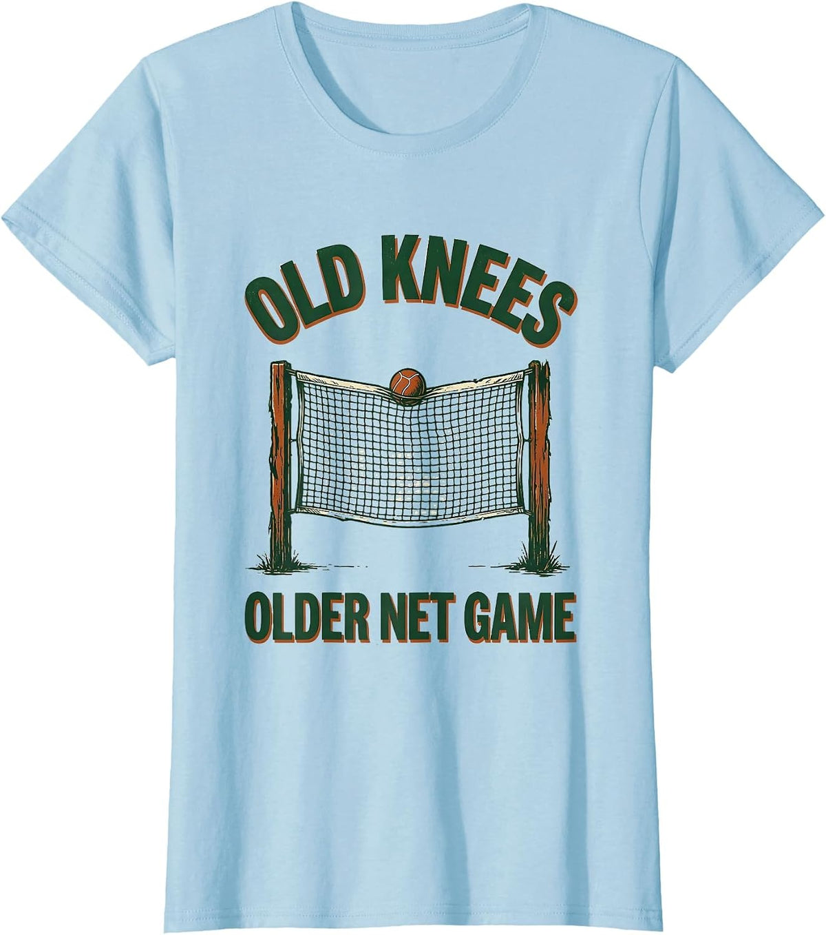 Old Knees, Older Net Game Vintage Tennis Player Pun Humor T-Shirt - Baby Blue