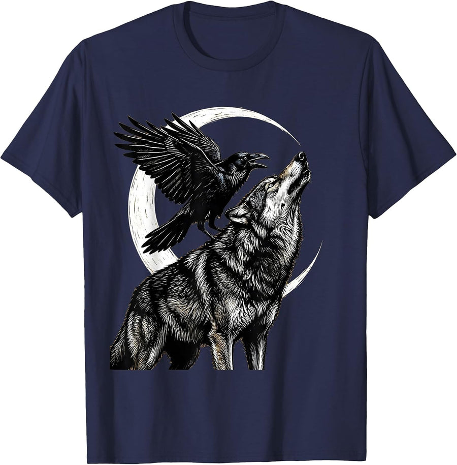 Crow and Wolf Howling Together Wildlife Art T-Shirt - Navy Blue