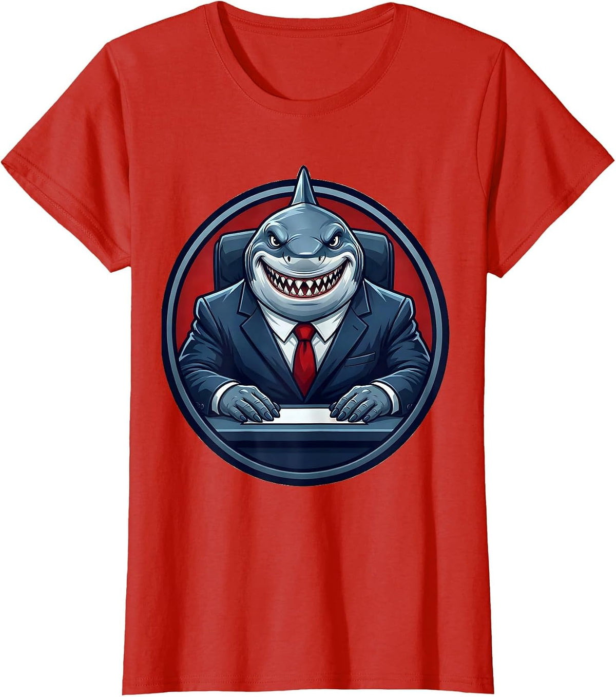 Shark in Business Suit Office Desk Funny Graphic T-Shirt - Red