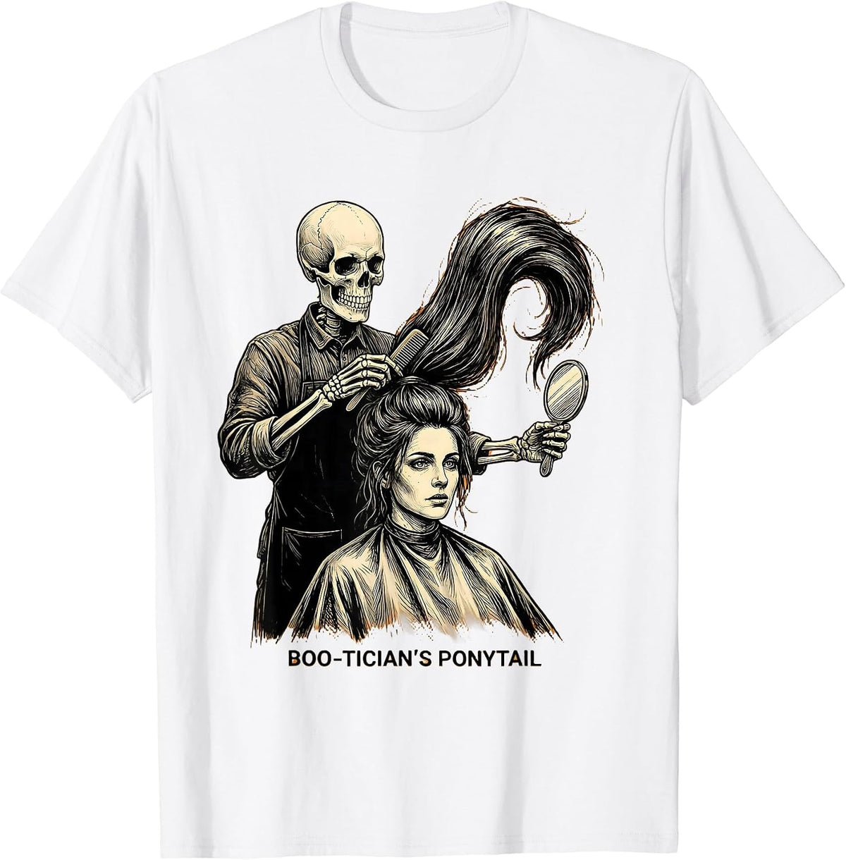 Men's Boo-tician's Ponytail Funny Skeleton Hairstylist Halloween T-Shirt - White