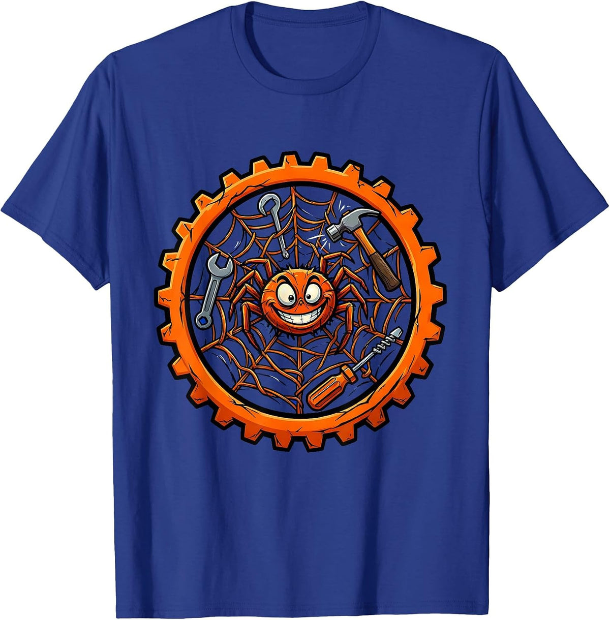 Unhinged Chaotic Spider Web Tangled Tools Design T-Shirt - Royal Blue