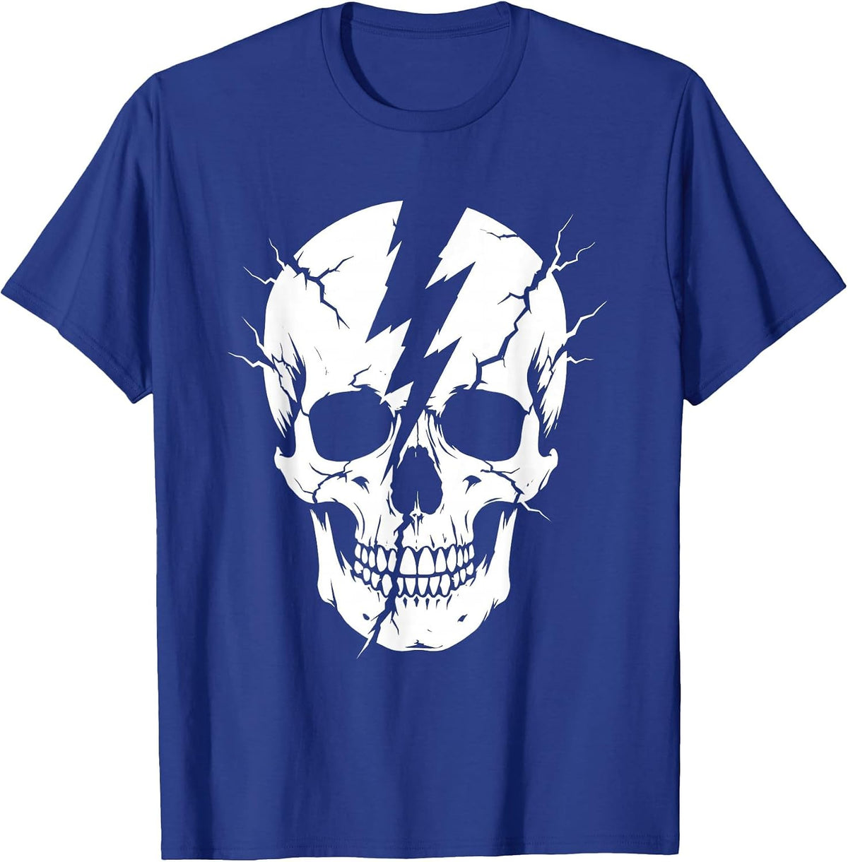 Rock Skull Lightning Bolt Crack Graphic Tee T-Shirt - Royal Blue
