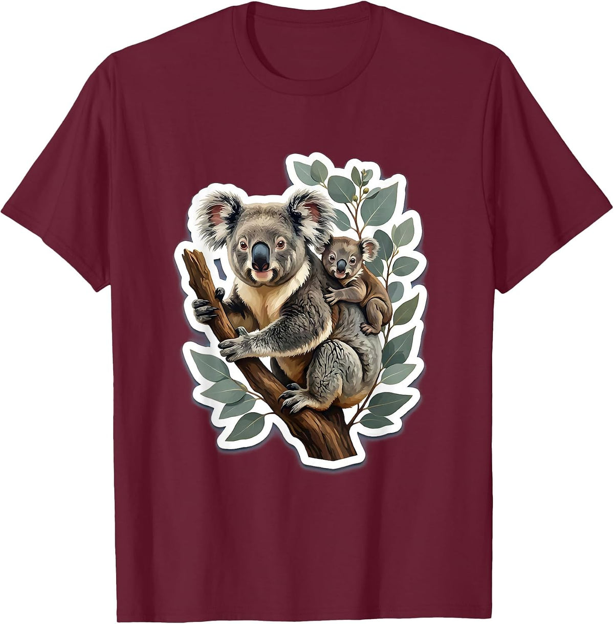 Mother Koala and Baby Clinging to Tree Design T-Shirt - Burgundy