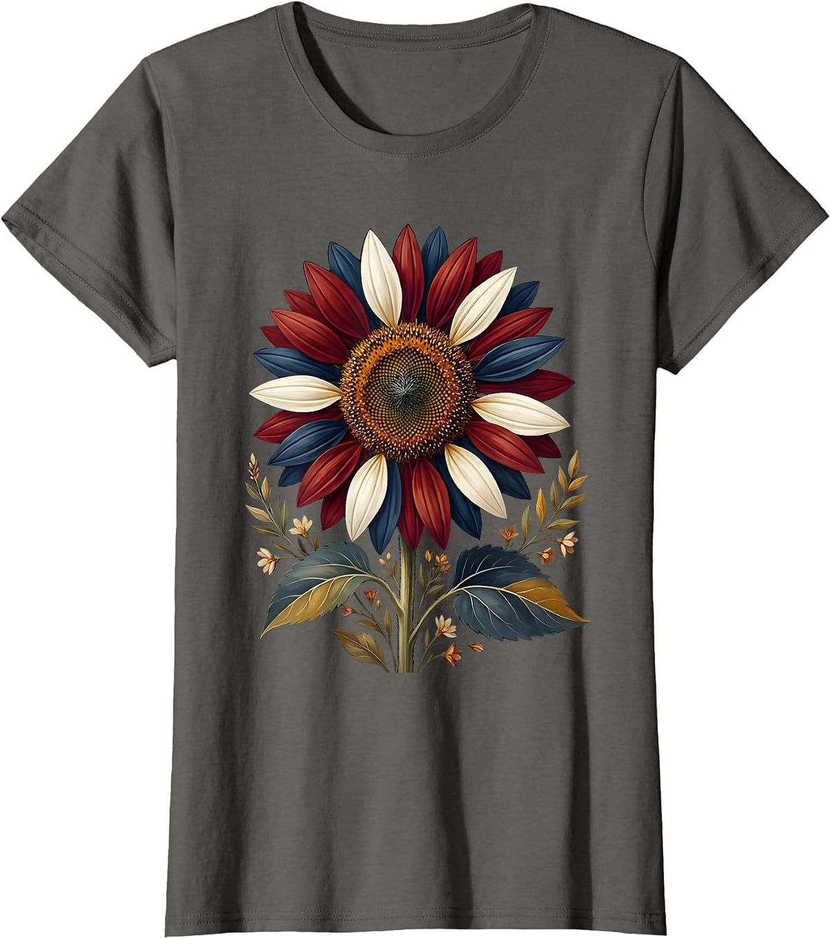 Women's Red White and Blue Sunflower Patriotic Design T-Shirt - Asphalt Grey
