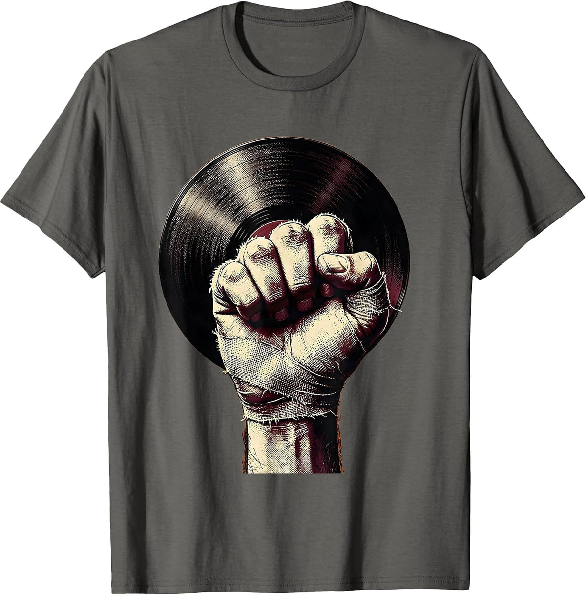 Grunge Bandaged Knuckles Vinyl Record Art T-Shirt - Asphalt Grey