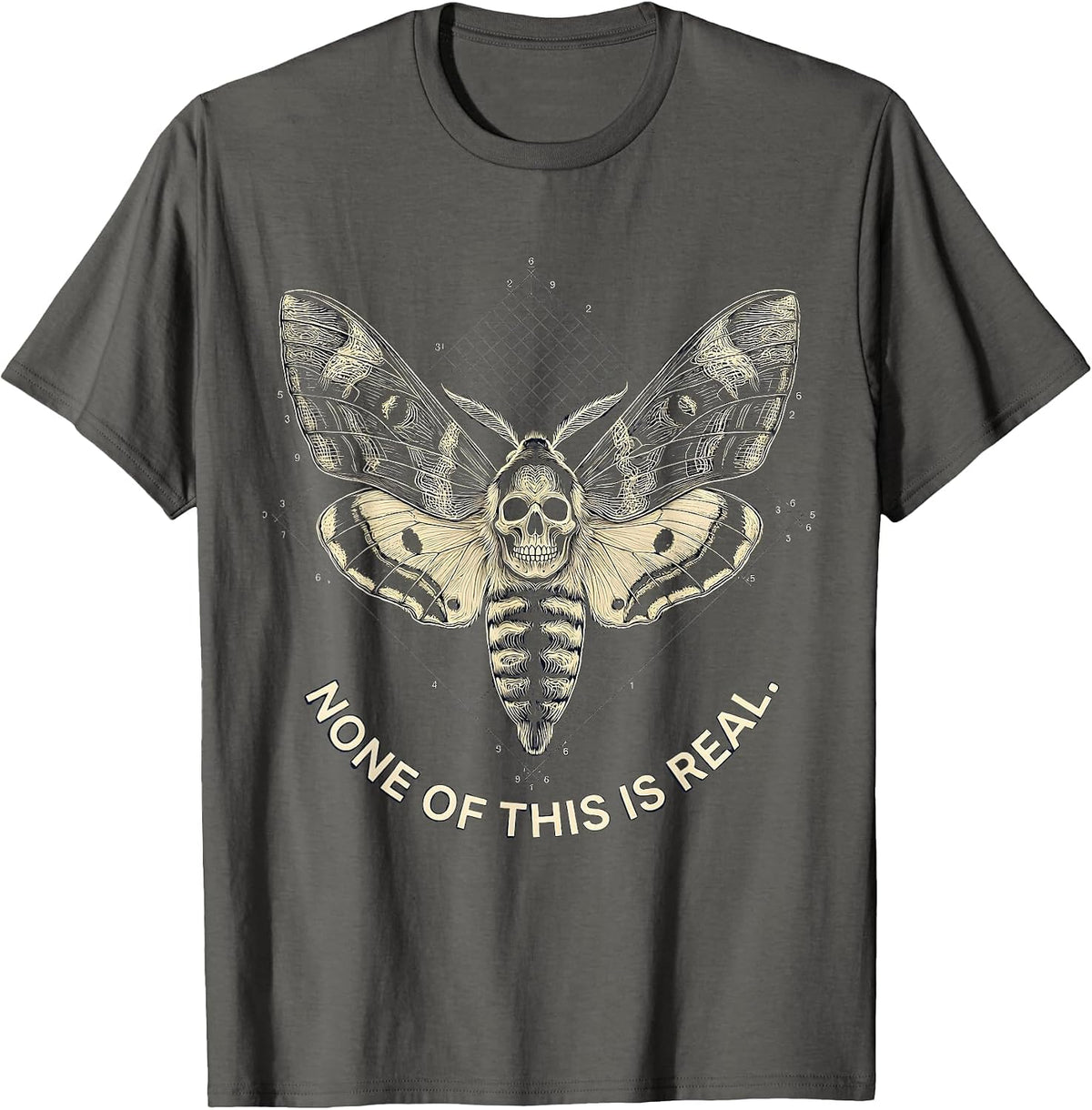 None Of This Is Real Deaths-Head Moth Topographic Horror T-Shirt - Asphalt Grey