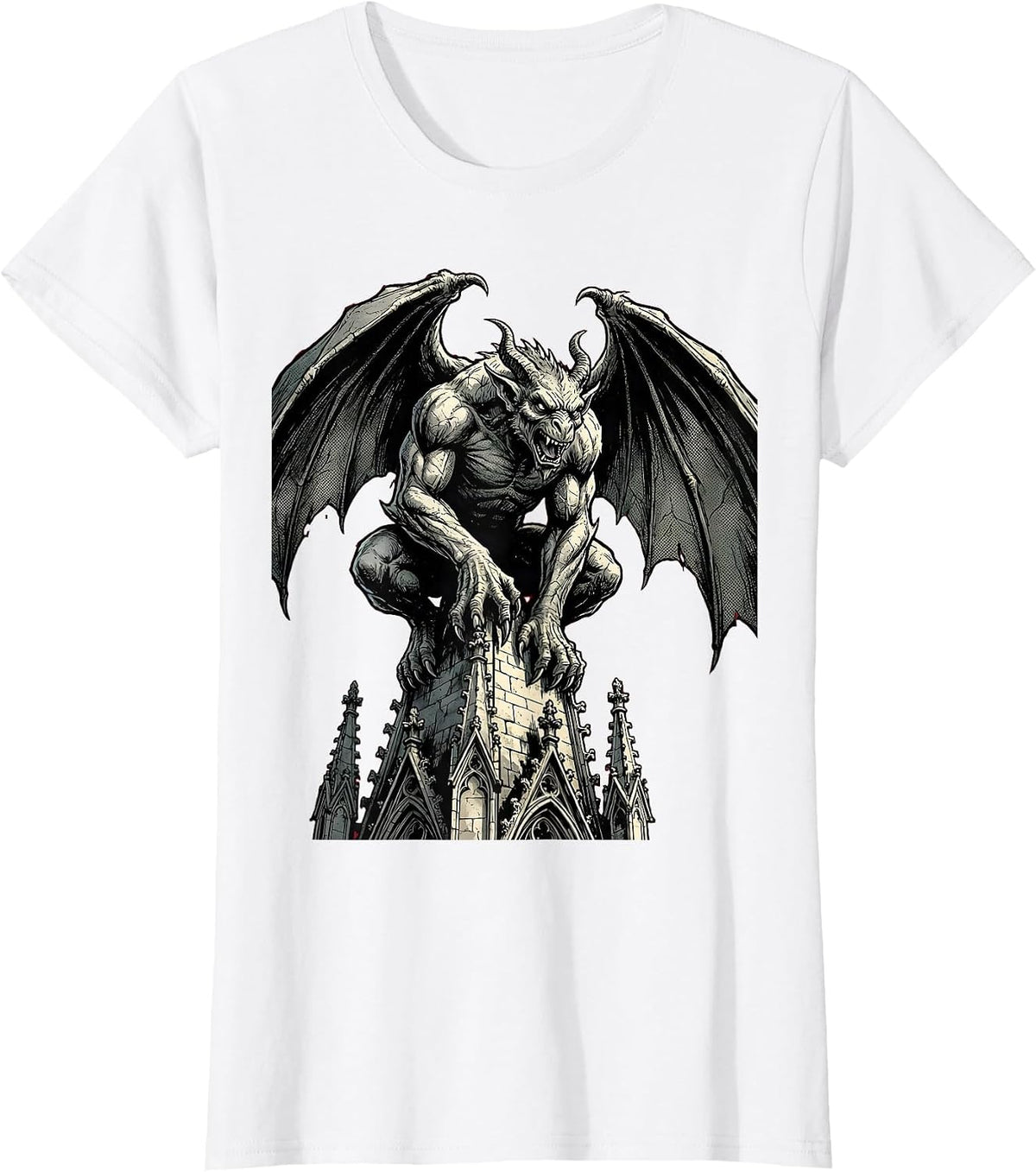 Gargoyle Gothic Cathedral Spire Heavy Metal Art T-Shirt - White