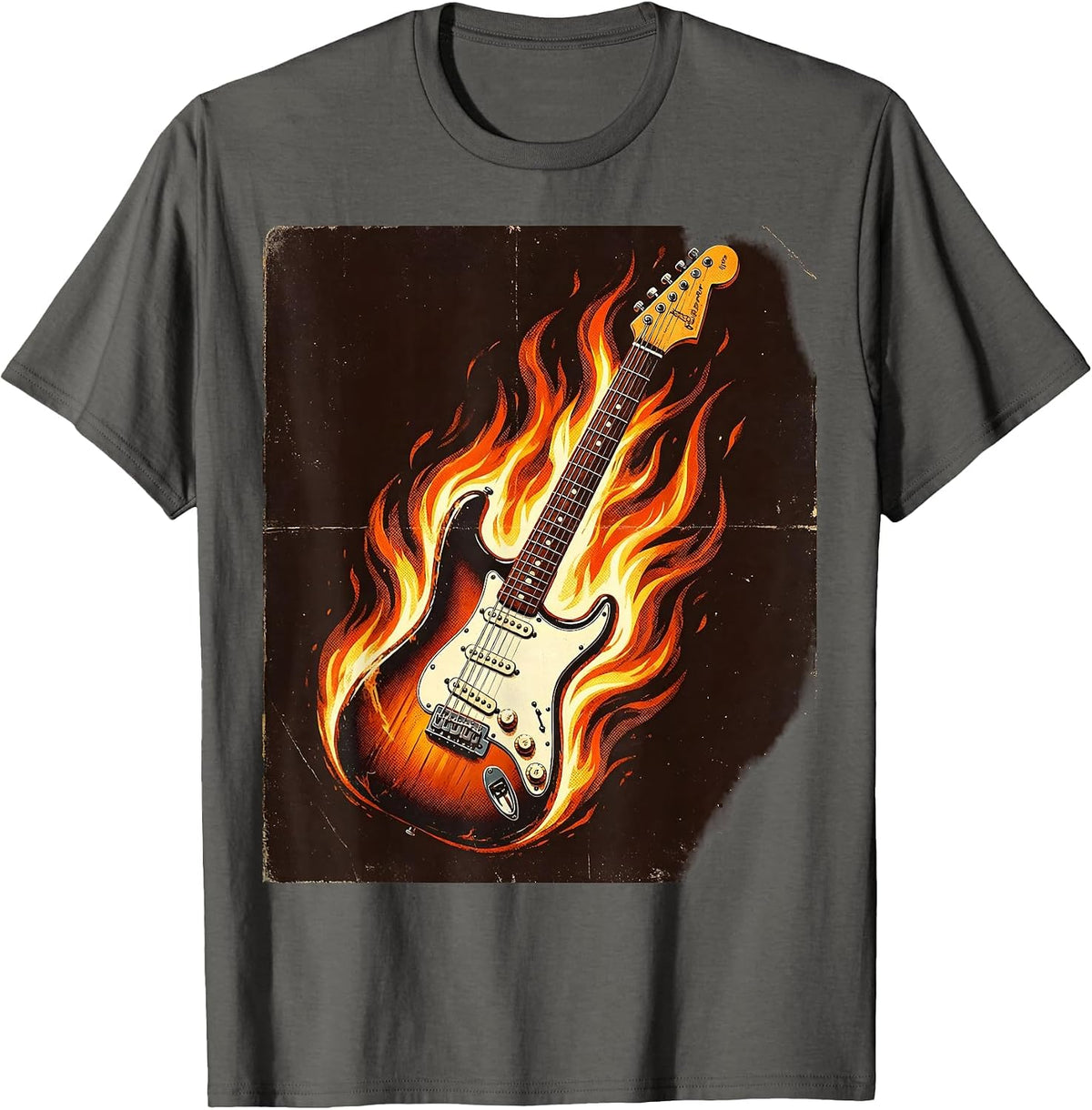 Flaming Electric Guitar 80s Rock Band Graphic T-Shirt - Asphalt Grey