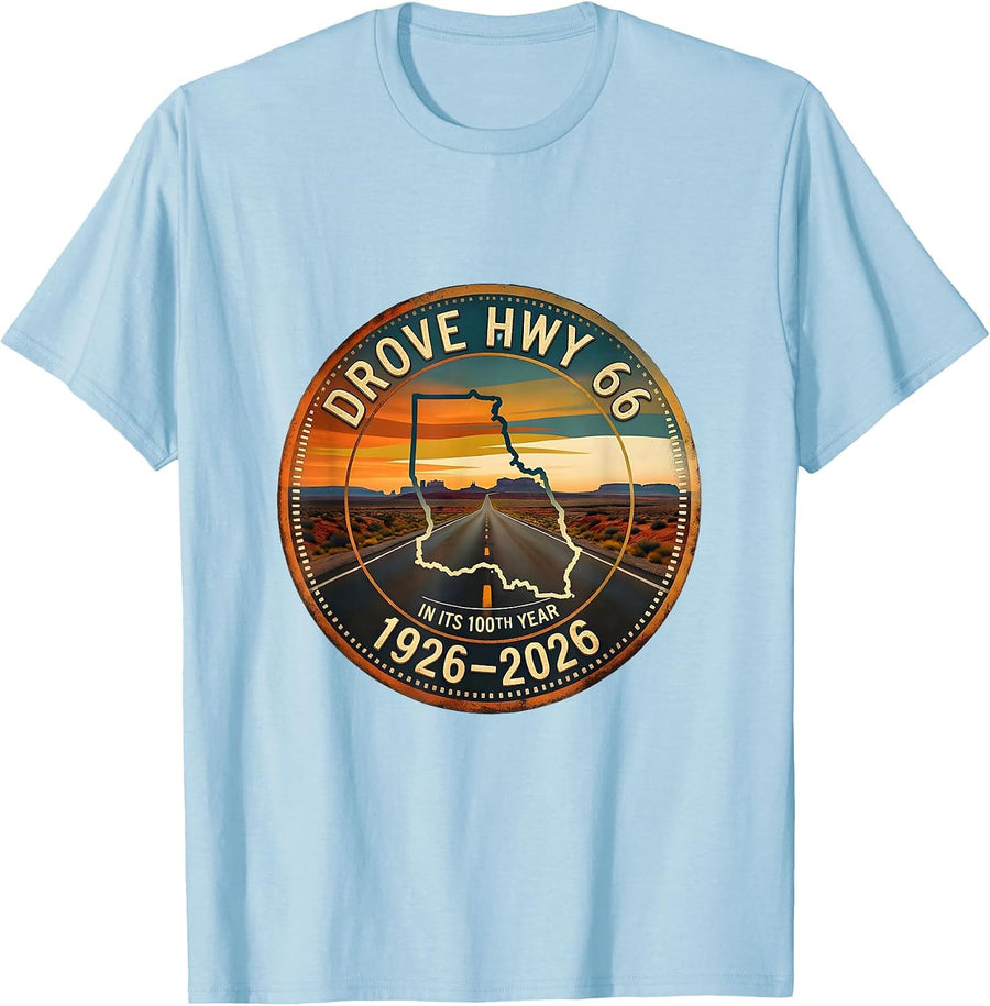 Men's Drove Hwy 66 In Its 100th Year — 1926-2026 Vintage T-Shirt - Baby Blue