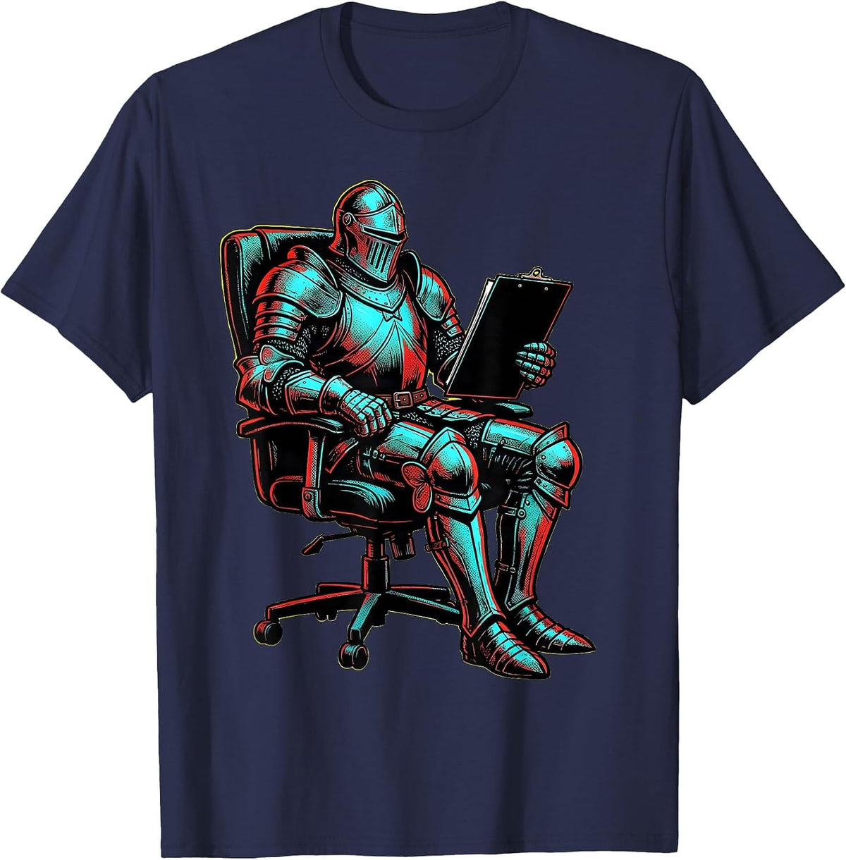 Bold Knight in Office Chair Clipboard Graphic T-Shirt - Navy Blue