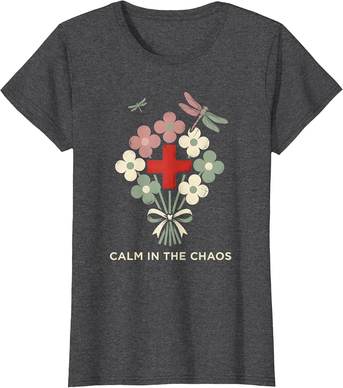 Women's School Nurse Calm in the Chaos Design T-Shirt - Dark Heather Grey
