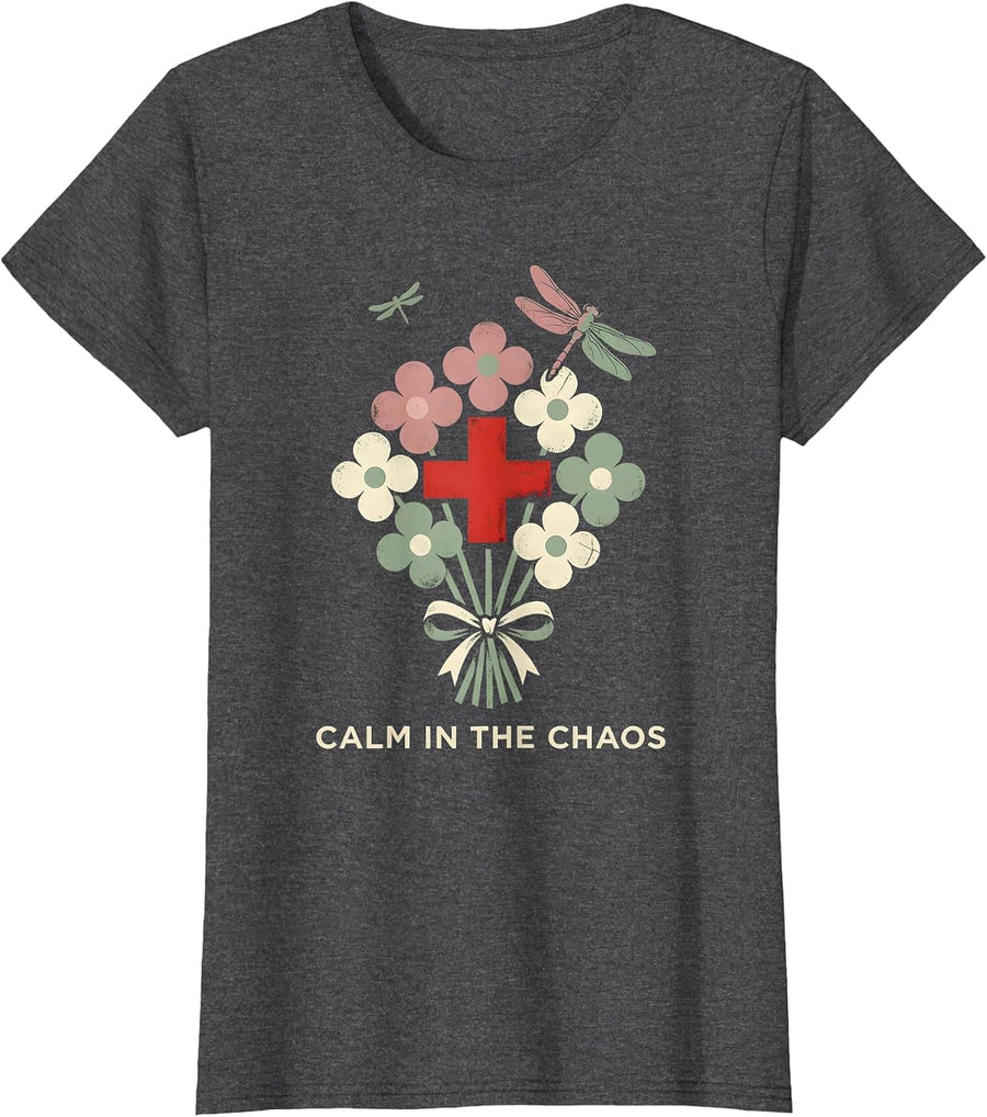 Women's School Nurse Calm in the Chaos Design T-Shirt - Dark Heather Grey
