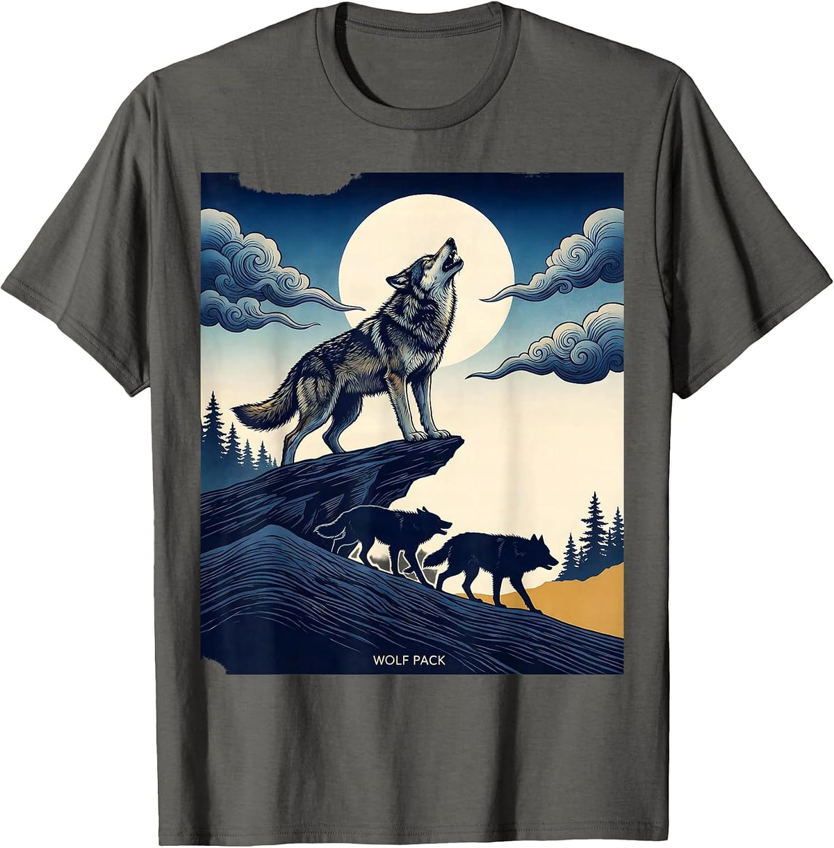Wolf Pack Ukiyo-e Howling Wolf Lover Wildlife Art T-Shirt - Asphalt Grey