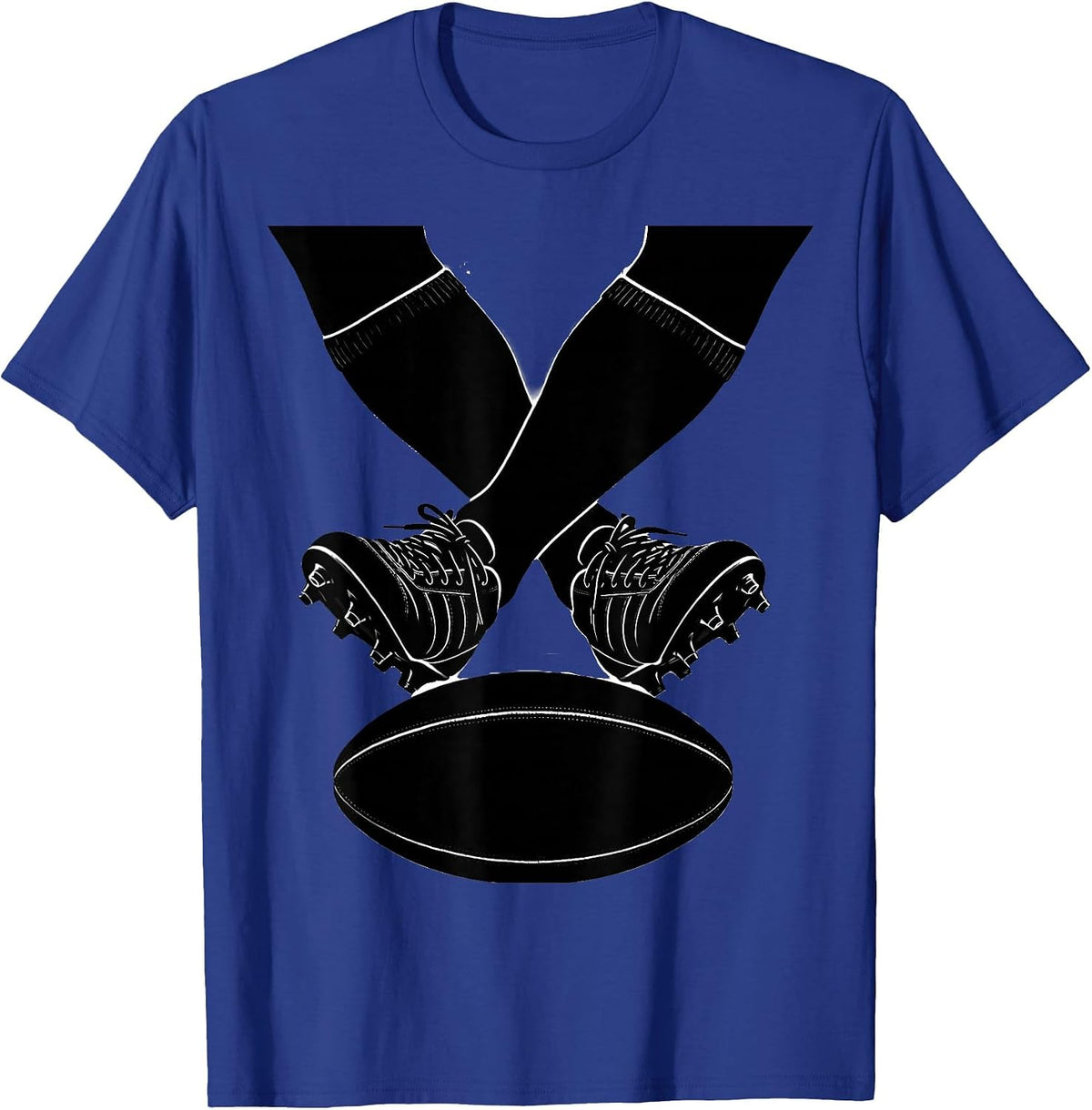 Crossed Rugby Boots and Ball Graphic Design T-Shirt - Royal Blue