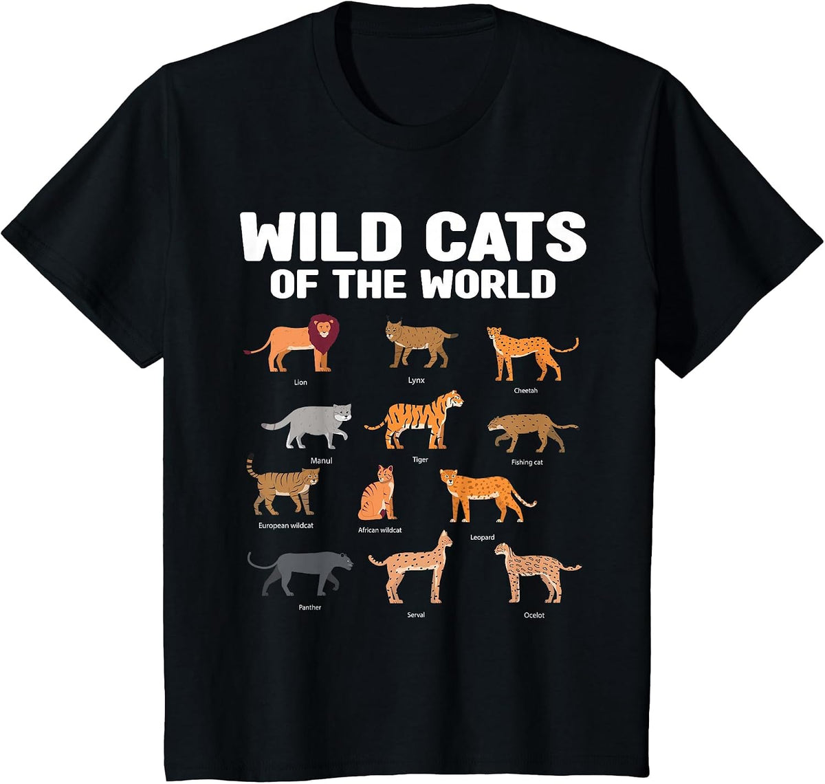 Wild Cats of the World Lion Tiger T-Shirt - Black