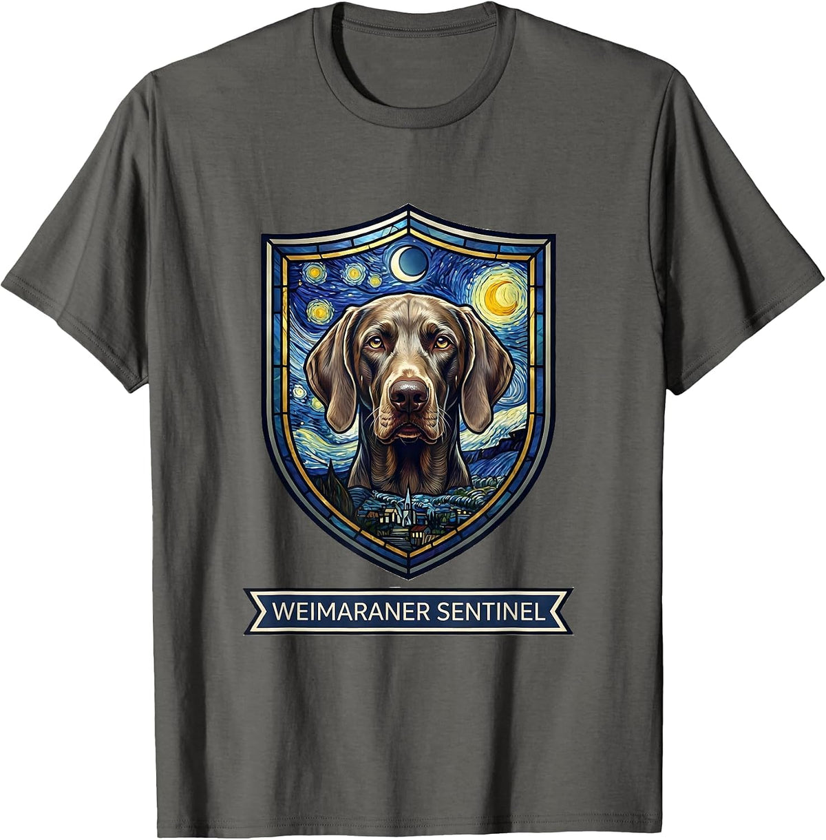 Men's Weimaraner Sentinel Van Gogh Style Starry Night Dog Breed T-Shirt - Asphalt Grey
