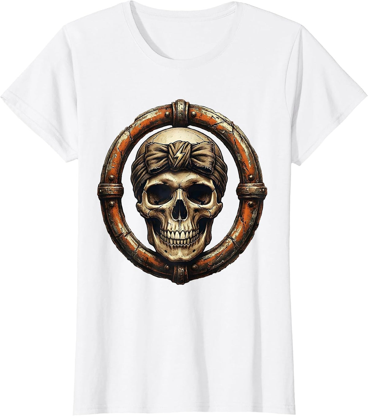 Rock Skull Vintage Headband Graphic Tee T-Shirt - White