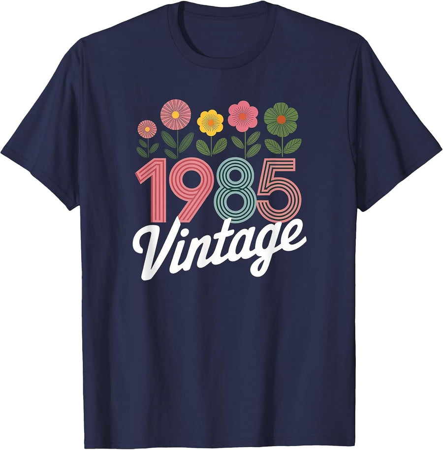Vintage 1985 Retro Born Flowers Birthday Daughter Women T-Shirt - Navy Blue