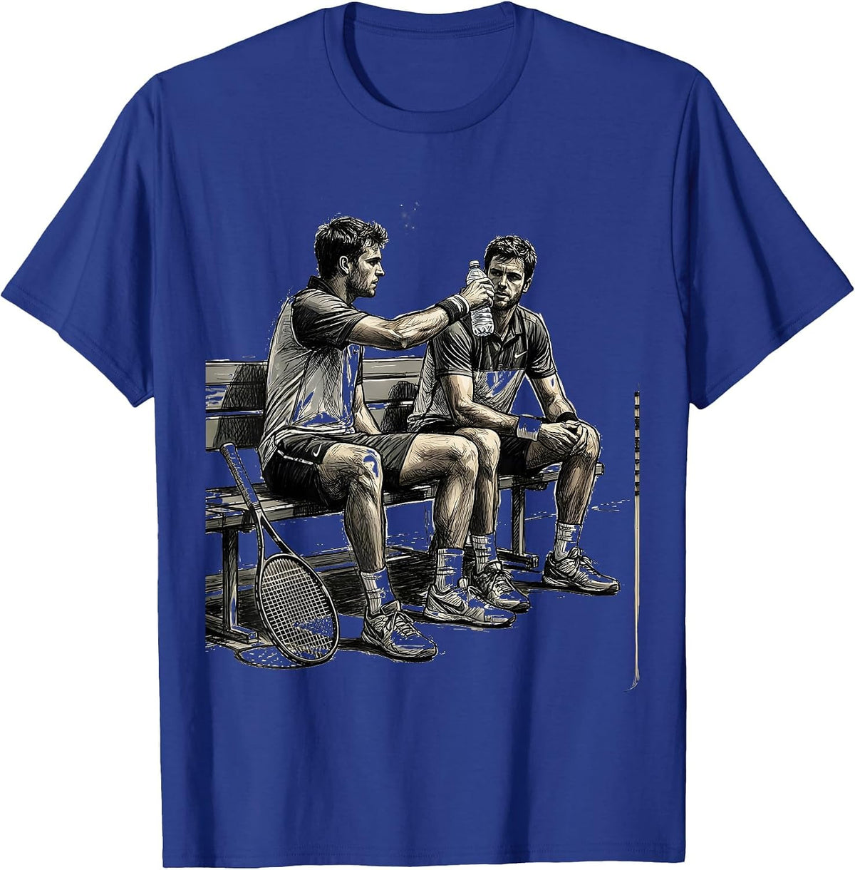 Tennis Duo Sharing Water Bottle Courtside T-Shirt - Royal Blue