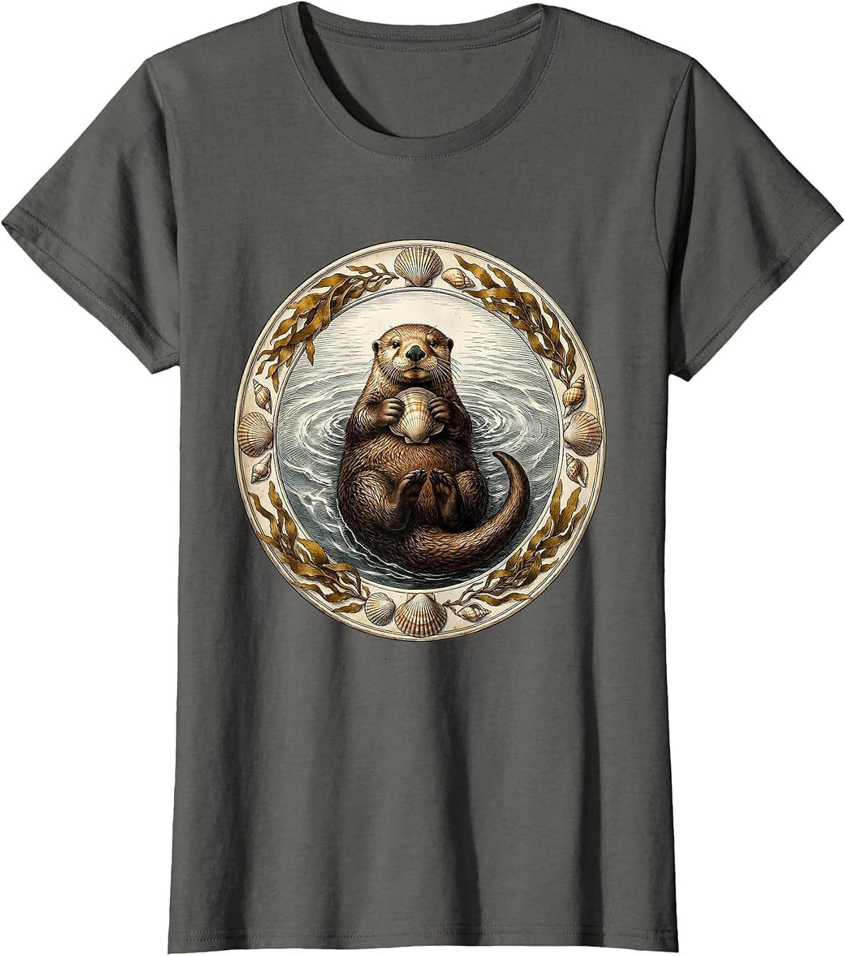 Women's Sea Otter Floating With Clam Illustration T-Shirt - Asphalt Grey