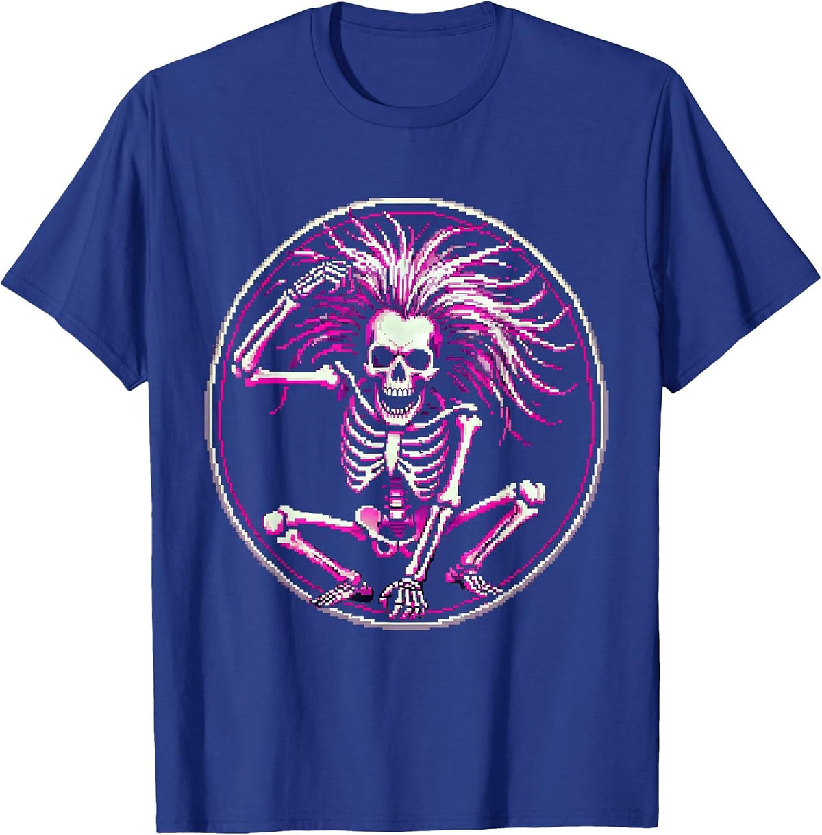 Dancing Skeleton Headbanging Rock Music Graphic T-Shirt - Royal Blue