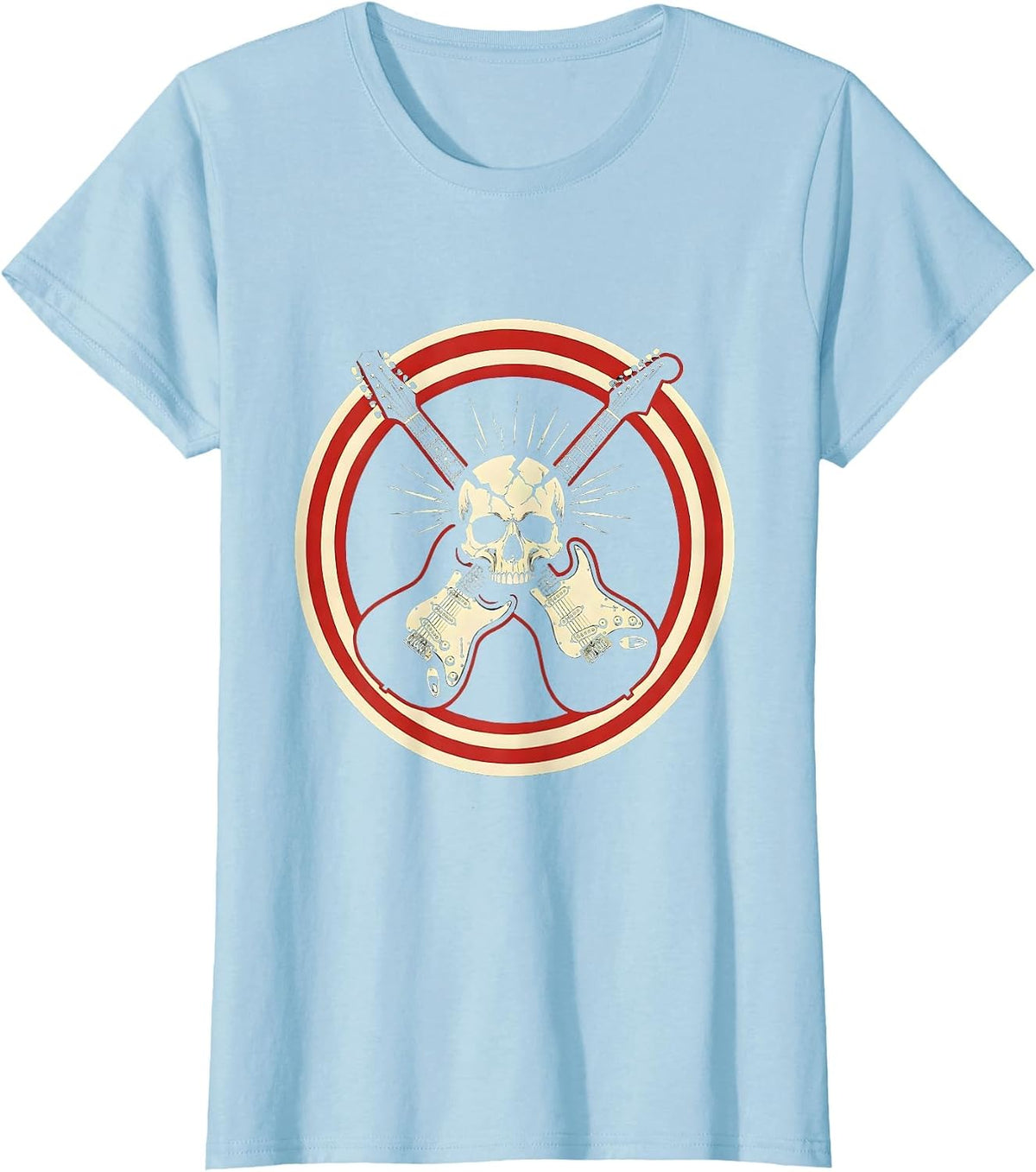 Crossed Guitars Cracked Skull Rock Graphic Tee T-Shirt - Baby Blue