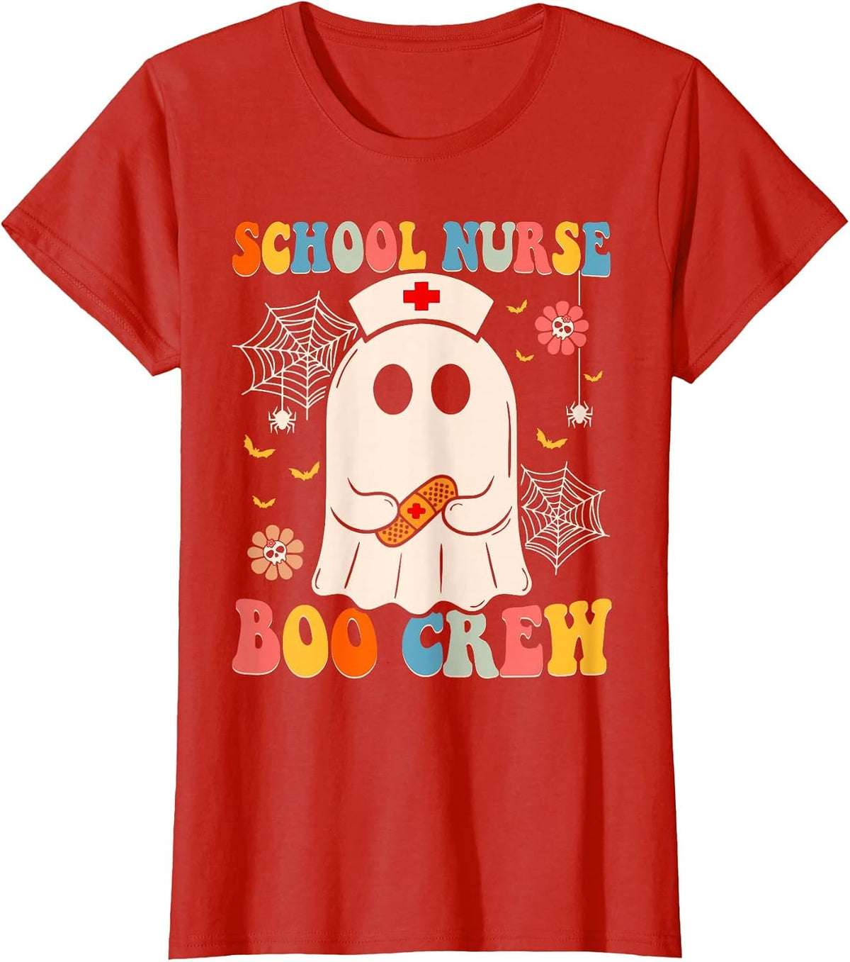 Groovy School Nurse Boo Crew Nurse Funny Ghost Halloween T-Shirt - Red