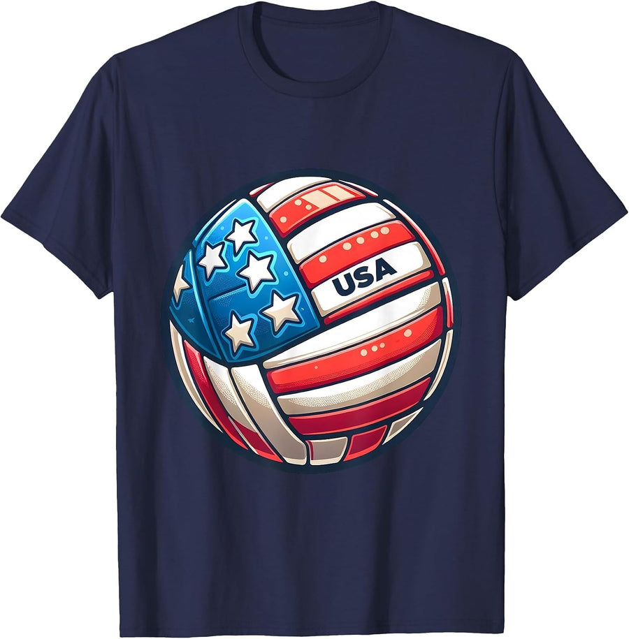 Volleyball Support Team Flag USA Beach American T-Shirt - Navy Blue
