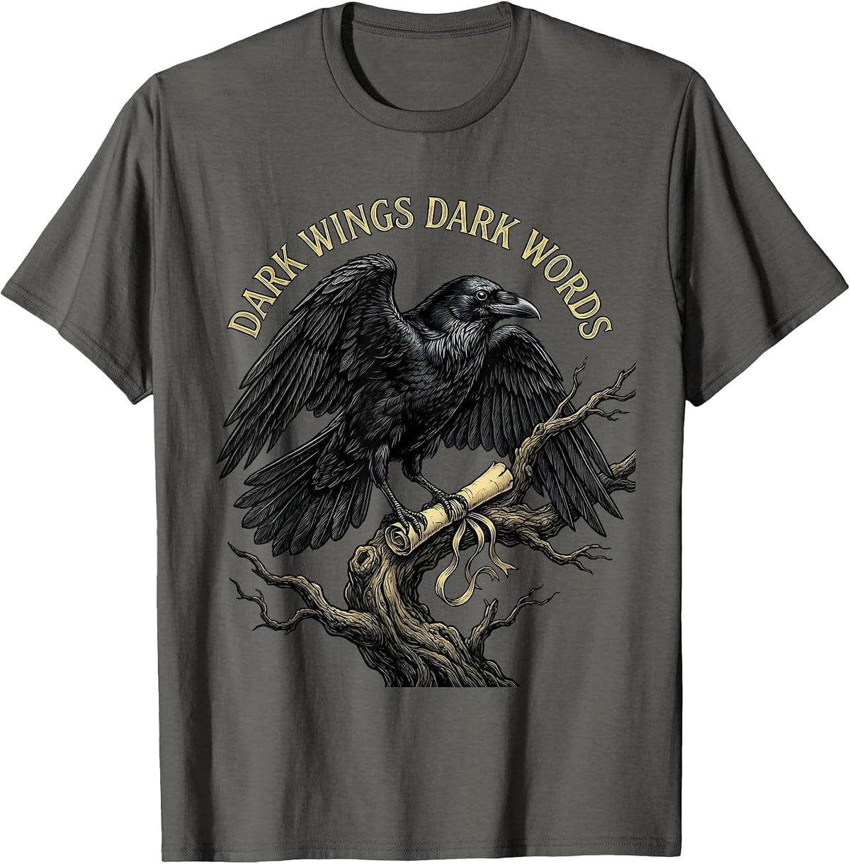 Dark Wings Dark Words Gothic Fantasy Design T-Shirt - Asphalt Grey