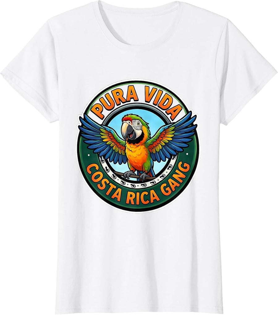 Women's Pura Vida Costa Rica Gang Cartoon Macaw Travel Souvenir T-Shirt - White