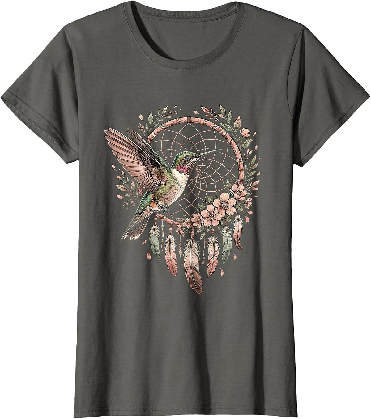 Women's Hummingbird Floral Dreamcatcher Boho Summer Design T-Shirt - Asphalt Grey
