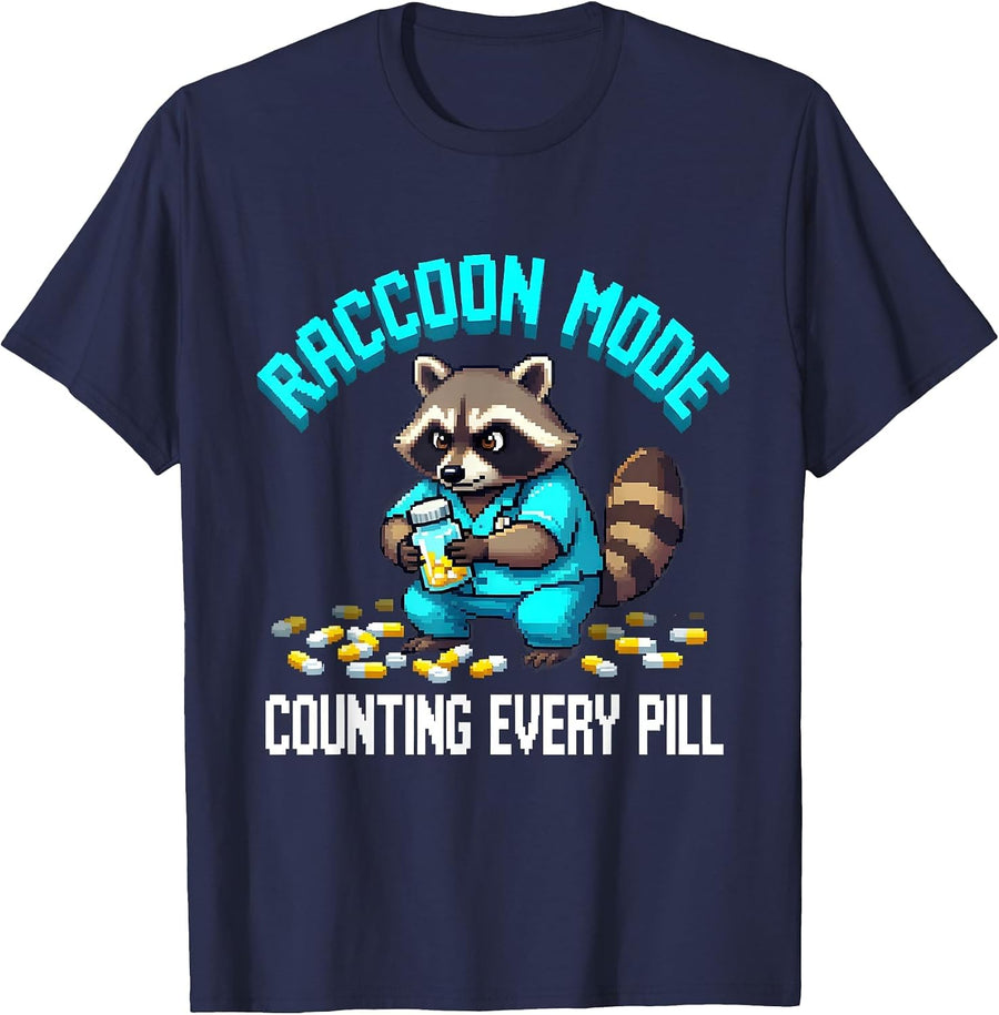 Raccoon Mode: Counting Every Pill Pharmacy Tech Design T-Shirt - Navy Blue