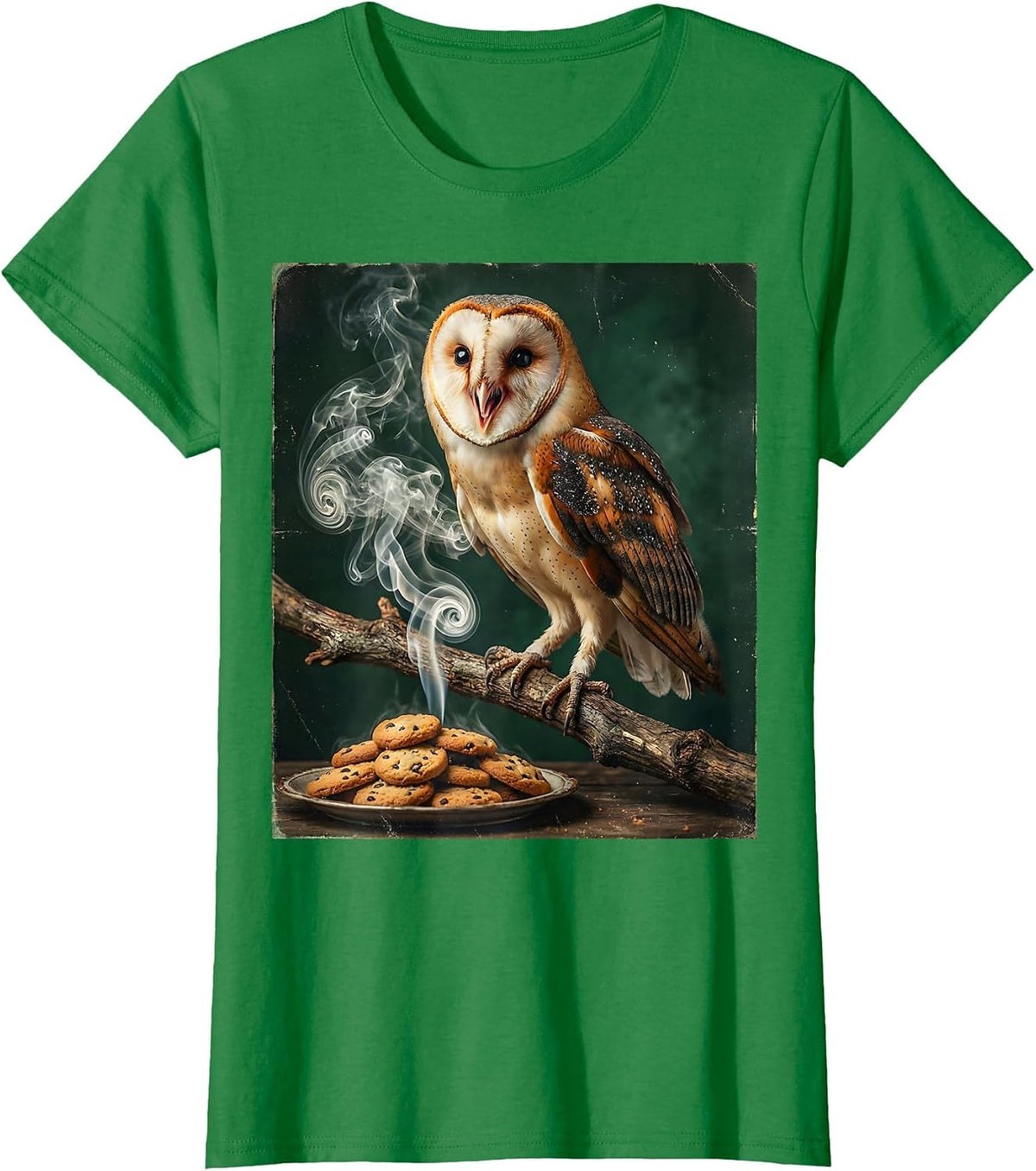 Women's Owl Sniffing Cookie Smoke Funny Halloween Graphic T-Shirt - Kelly Green