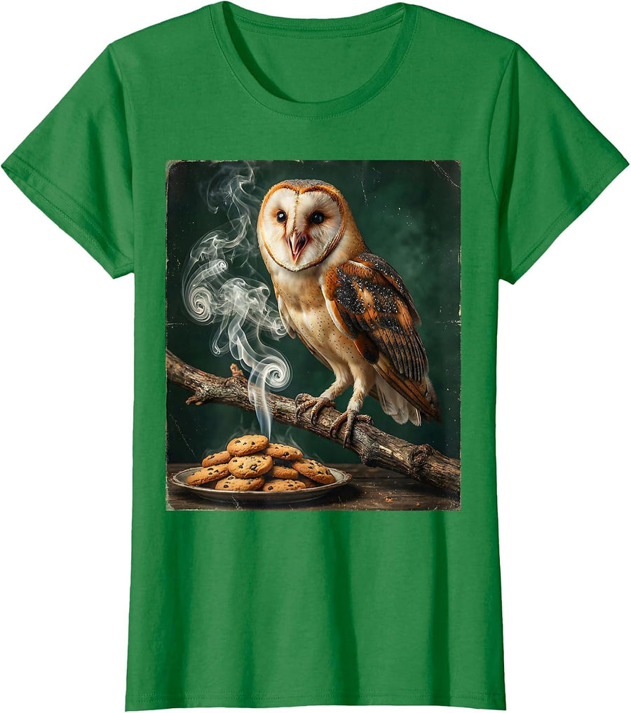 Women's Owl Sniffing Cookie Smoke Funny Halloween Graphic T-Shirt - Kelly Green