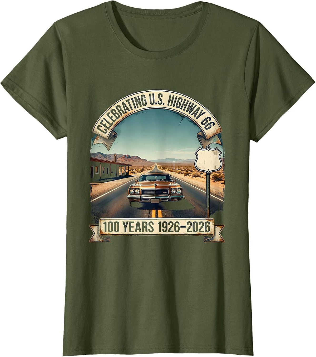 Women's Celebrating U.S. Highway 66 100 Years 1926-2026 Vintage T-Shirt - Olive Green
