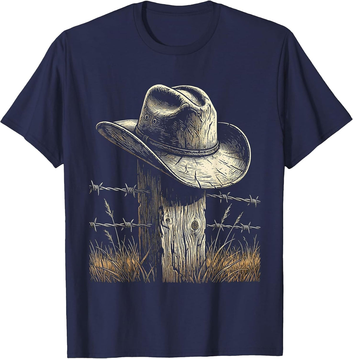 Cowboy Hat on Fence Post Western Illustration T-Shirt - Navy Blue