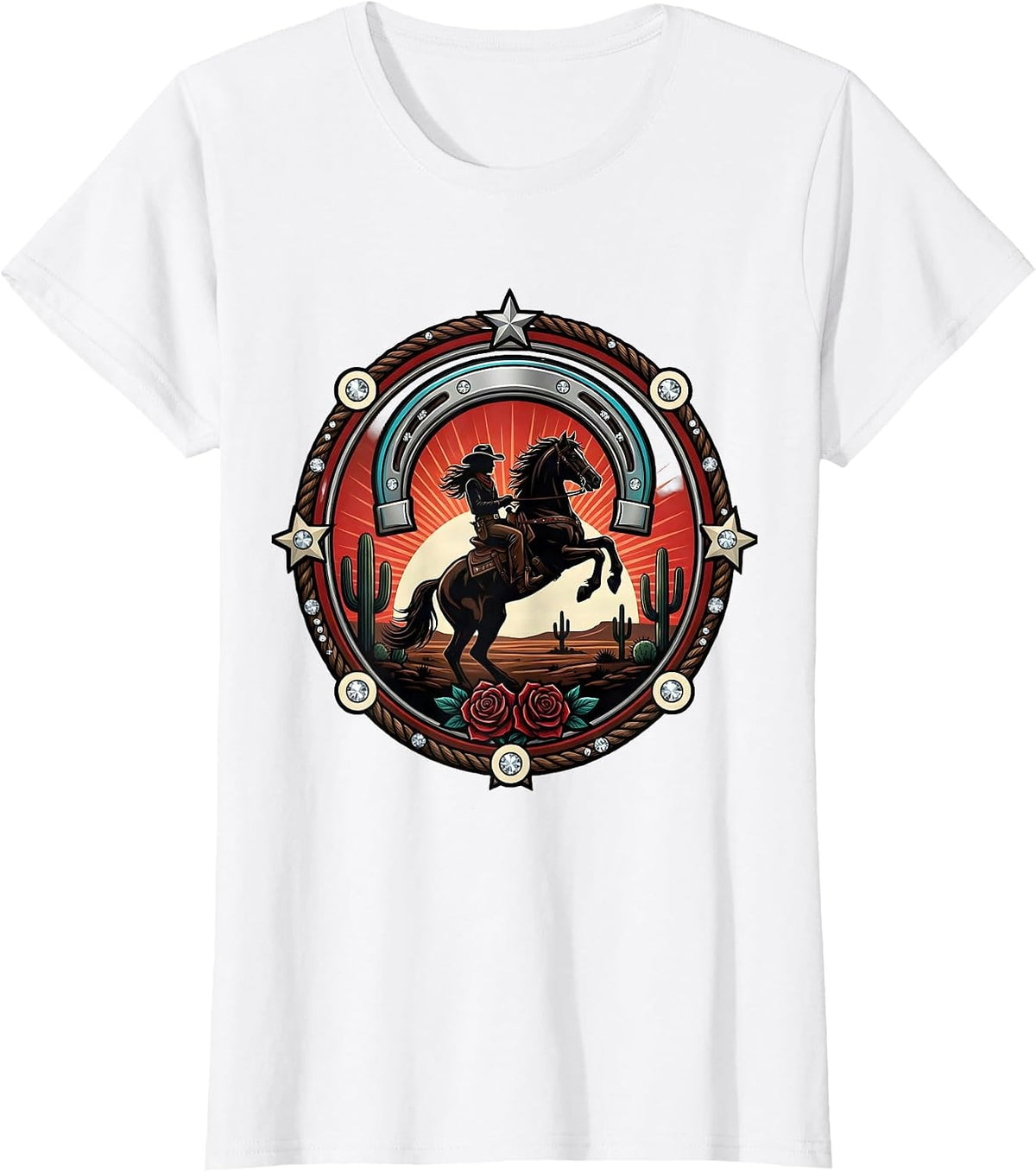 Cowgirl Riding Horse Desert Sunset Illustration T-Shirt - White
