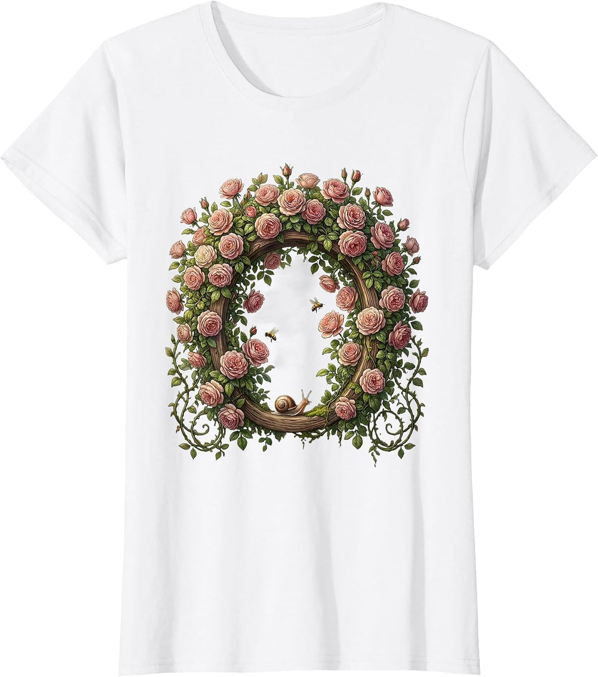 Women's Climbing Pink Roses Garden Arch Floral Design T-Shirt - White