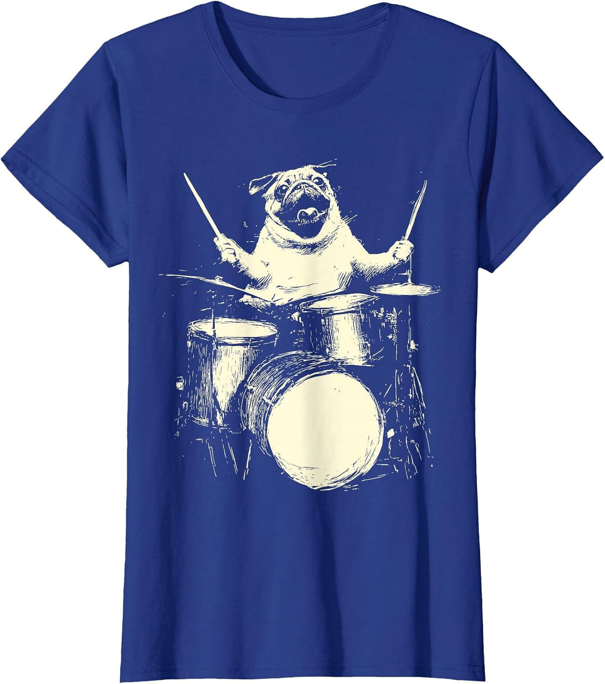 Cute Pug Playing Drums Funny Music Dog Drummer Graphic T-Shirt - Royal Blue