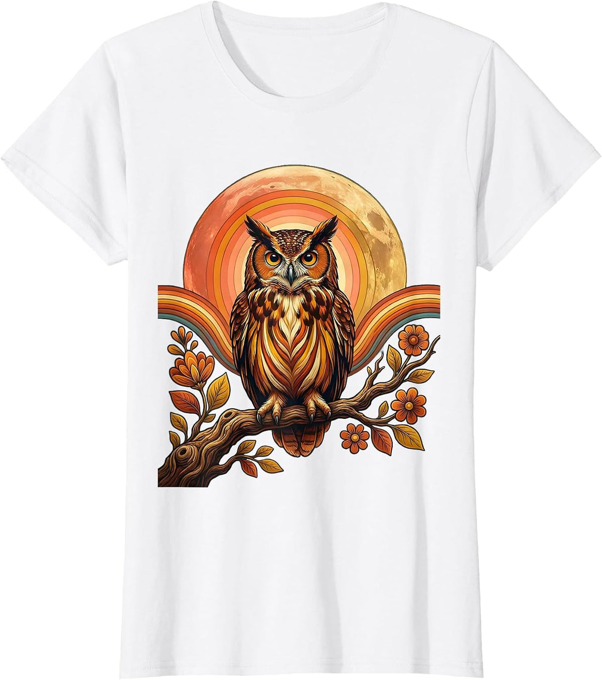 Women's Mexico Owl Moon Night Perched Branch Design T-Shirt - White