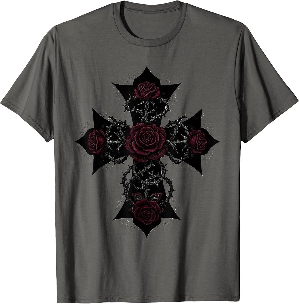 Rose Vine Iron Cross Gothic Floral Design T-Shirt - Asphalt Grey