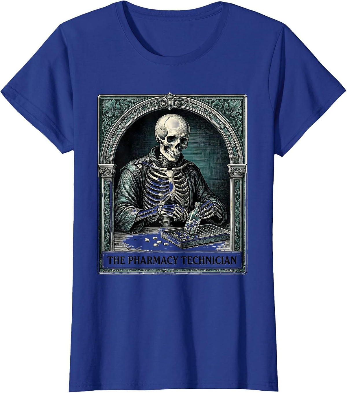 Women's The Pharmacy Technician Skeleton Tarot Card Halloween Humor T-Shirt - Royal Blue