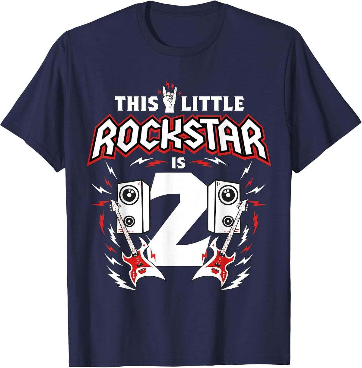 2nd Birthday Rock and Roll Star Guitar 2 Year Old B-Day T-Shirt - Navy Blue