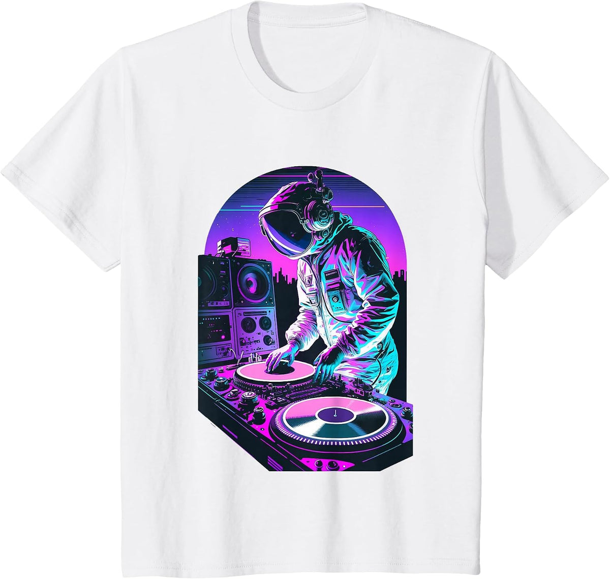 Astronaut DJ, DJing in Space, EDM Cool Graphic Vaporwave T-Shirt - White