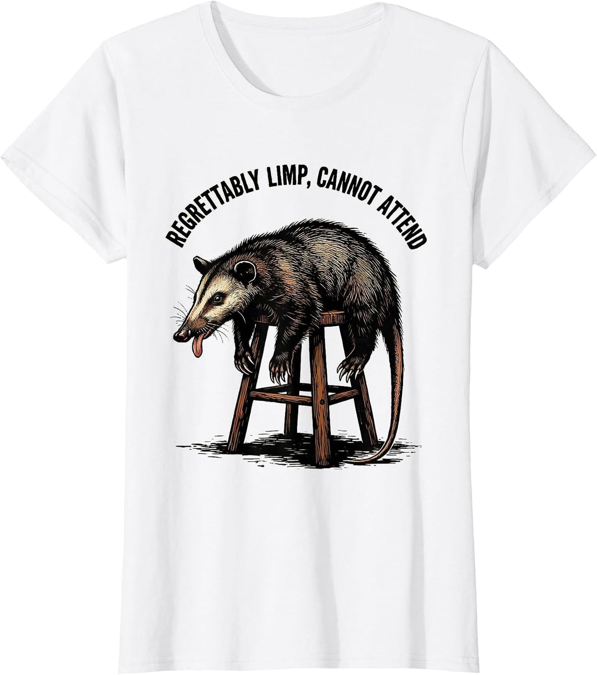 Regrettably Limp Cannot Attend Funny Opossum Meme Absurdist T-Shirt - White