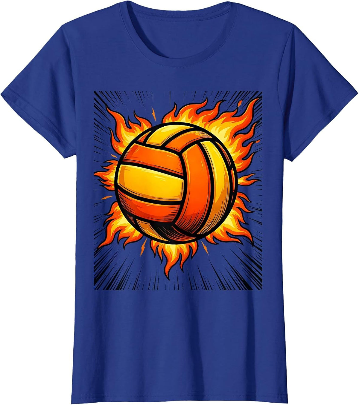 Women's Flaming Volleyball Fire Burst Graphic Tee T-Shirt - Royal Blue