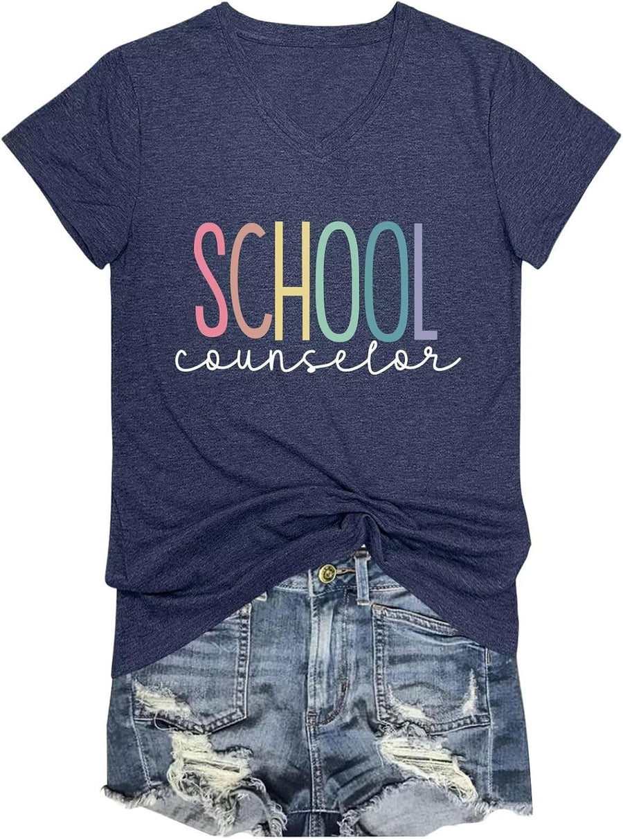 School Counselor Tshirt Women Cute Graphic Tee Mental Health Teacher Shirt Casual Short Sleeve V Neck Tops - Navy
