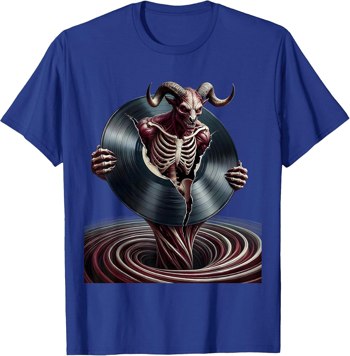 Demon Rising From Vinyl Record Metal Art T-Shirt - Royal Blue